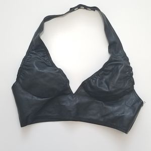 Genuine leather cropped halter top with side zipper, black, Small